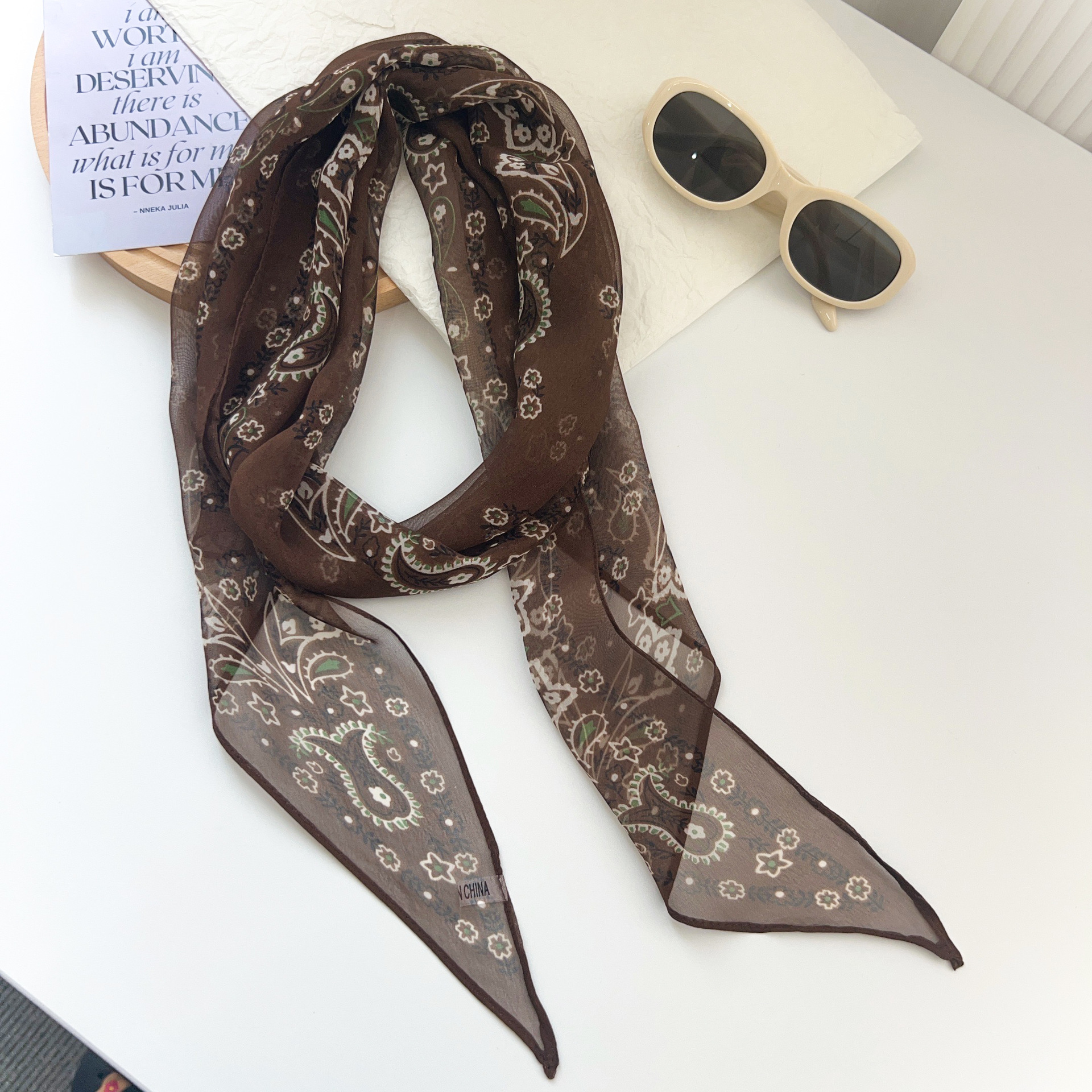 Korean design floral paisley old money style long chiffon scarf for women, lightweight, breathable, sun-protective, neck tie and scarf