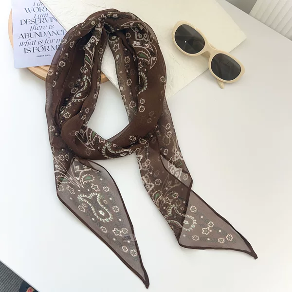 Korean design floral paisley old money style long chiffon scarf for women, lightweight, breathable, sun-protective, neck tie and scarf