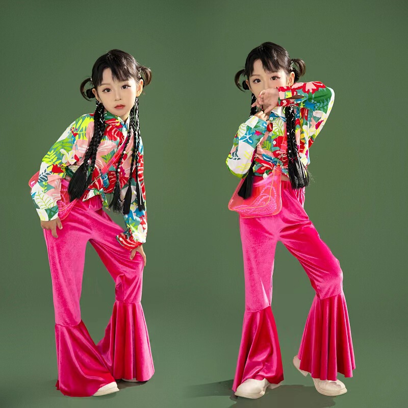 Girls' retro Hong Kong style flared pants 80 s 90's children's T-stage catwalk motorcycle model competition performance