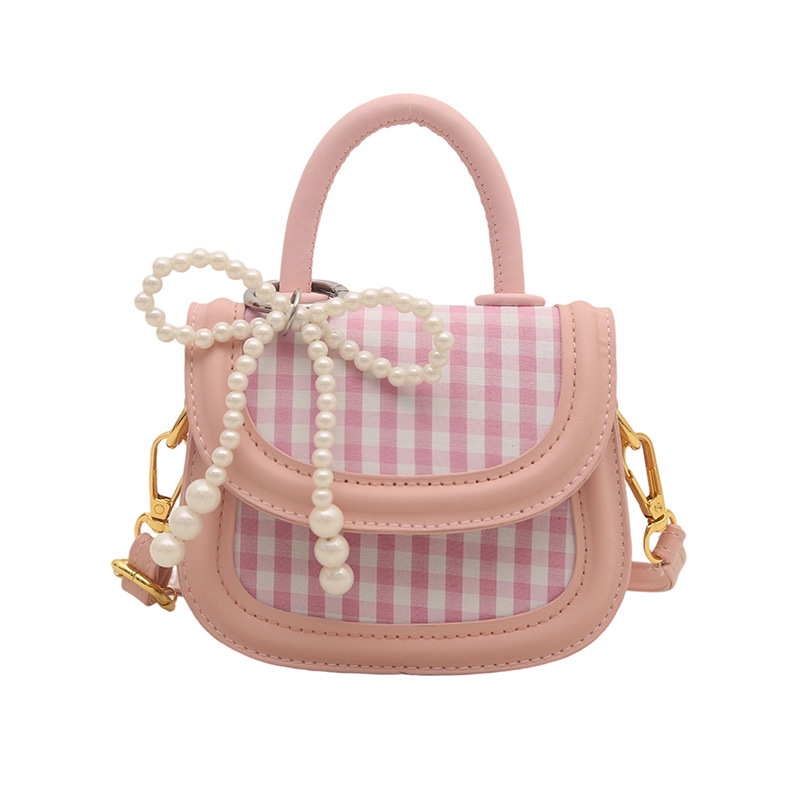 Bolso de hombro de niña a cuadros de moda coreana lindo bolso de bebé con lazo de perla mini bolso para niños de estilo occidental