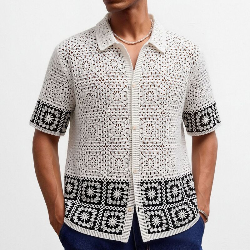 Amazon Men's Clothing Supply Black and White Color-Blocked Hollow-Out Knitwear Summer Short-Sleeved Water-Soluble Crochet Polo Shirt Sy0069