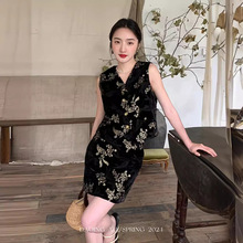 新中式丝绒花鸟刺绣马甲半身裙套装气质两件套