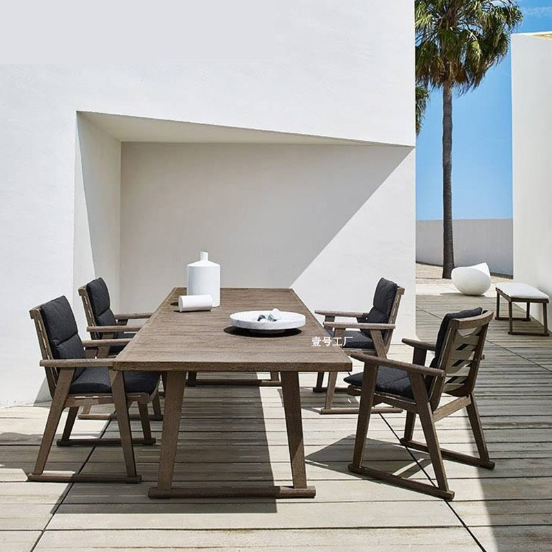 Mesa y silla de madera maciza al aire libre patio terraza ocio mesa de comedor y silla modelo habitación Villa al aire libre de alto grado anti-corrosión teca mesa larga