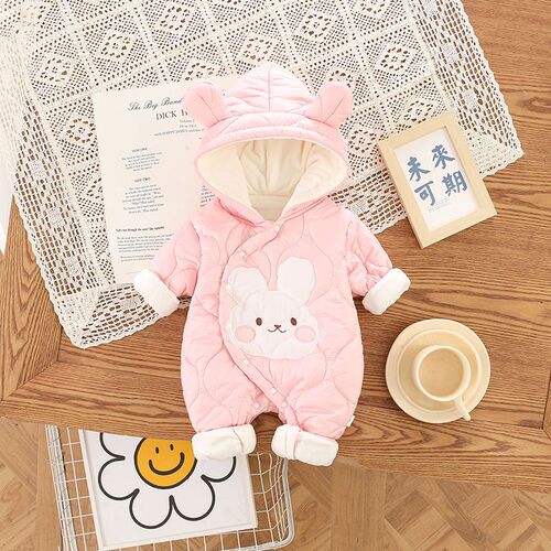 Warm Baby Cotton Jacket for Girls, Winter Fashion Cotton Children's Sweater, Cute Rabbit Hooded Cotton Puffer Jacket with Fleece and Thick Padding