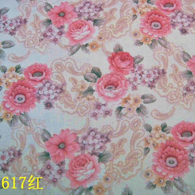 无弹工艺品布300d*450d竹麻印花布 红色腰果花型十字格竹麻印花布