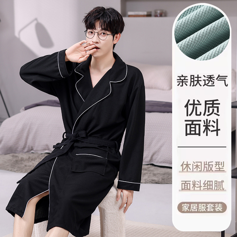 Add fertilizer plus size 300kg men's nightgown spring and autumn waffle long sleeve hotel style bathrobe loose bath towel pajamas