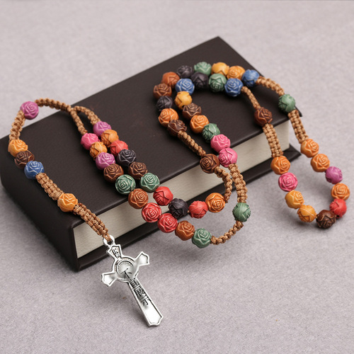 2pcs Rosary Color Cross Necklace Catholic Rose Rosary Jesus Christian Prayer Beads Religious praying Jewelry