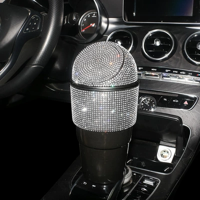 Car storage box Diamond-embedded car sundries bucket storage box car mini trash can central control water cup holder storage box (Car storage bag/box) - white-diamond