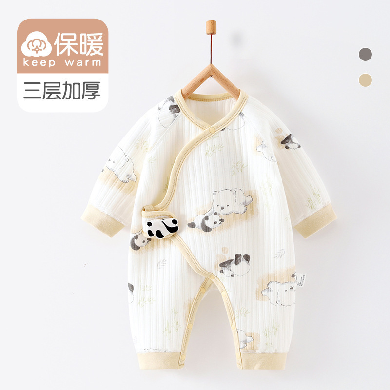 Newborn One-Piece Spring & Fall Newborn Male and Female Baby Three-Layer Warm Base Cotton Clothes Baby Clothes Belly Protection Clothes