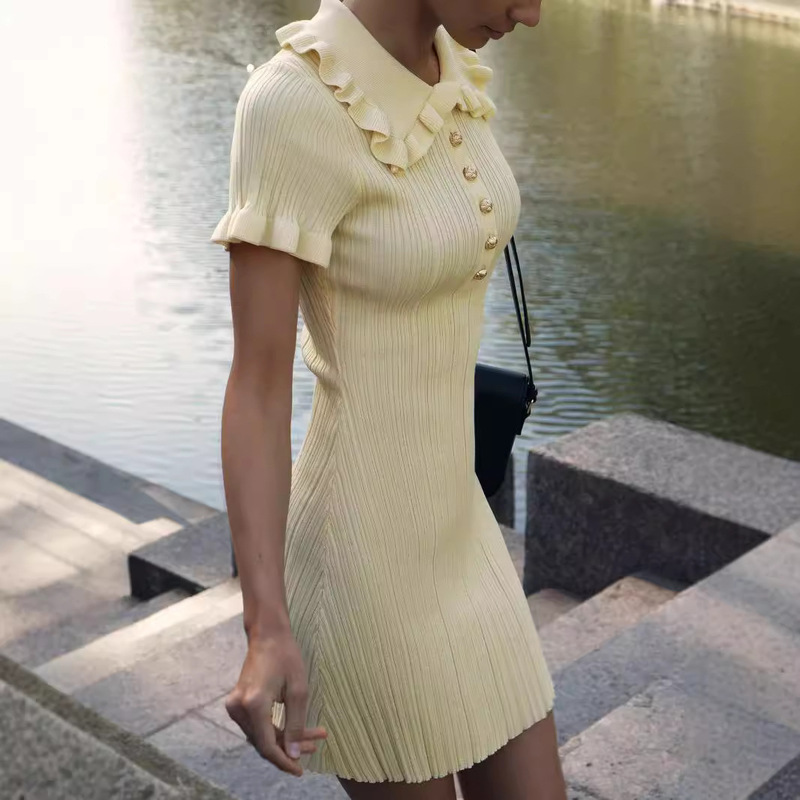 2024 Sweet Summer Retro French European and American Cross-border Doll Collar Slim-fit Skirt Tight Knitted dress