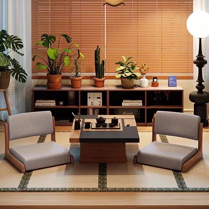 Cama silla confortable, asiento tatami, taburetes de respaldo japonés, silla sin piernas para cama de madera sólida y ventana flotante.