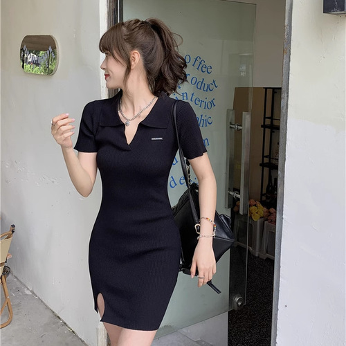 Summer New Slim Fit Collar Dress Women Pure Desire Skirt Hot Girl Slit Knit Bustier Short Skirt