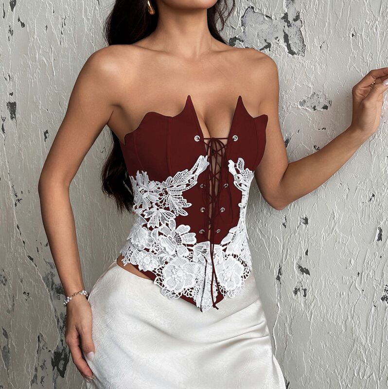 71556 Black and White Contrasting Color Tube Top with Waist Cinching, Front Tie Fishbone Corset, European and American Style Sexy Short Tube Top