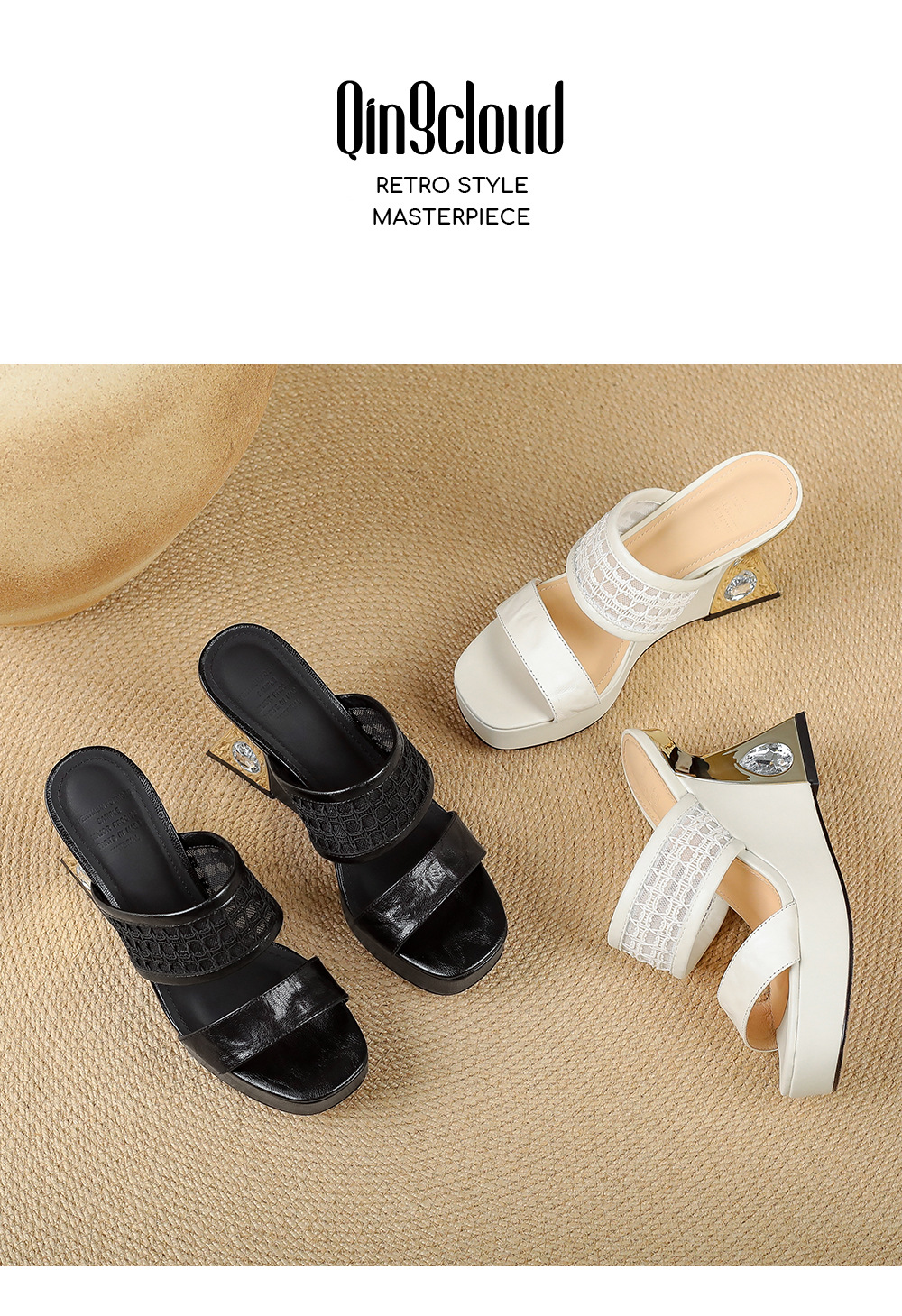 Sandal cao gót nữ đế xuồng mũi vuông đính đá quai ngang — màu đen, màu trắng ngà chi tiết 13