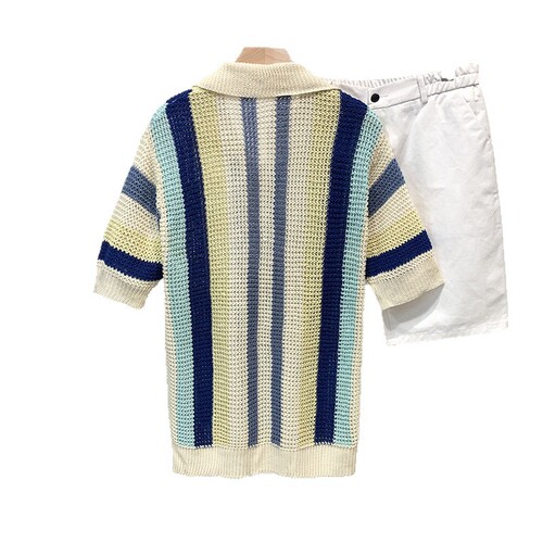Men's Vintage Light Mature Vacation Style Dopamine Striped Loose Casual T-shirt with Lattice Knit