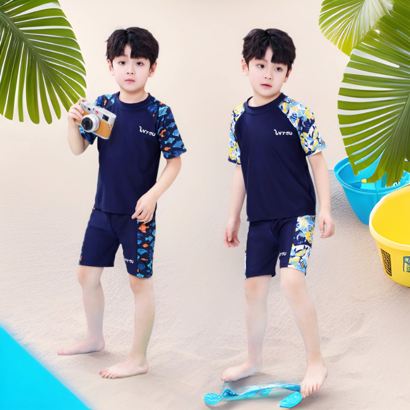 Children's Split Swimsuit Boys' Children's Big Children's Hot Spring Swimsuit Cap suit Short Sleeve Baby Student Hot Spring Swimsuit