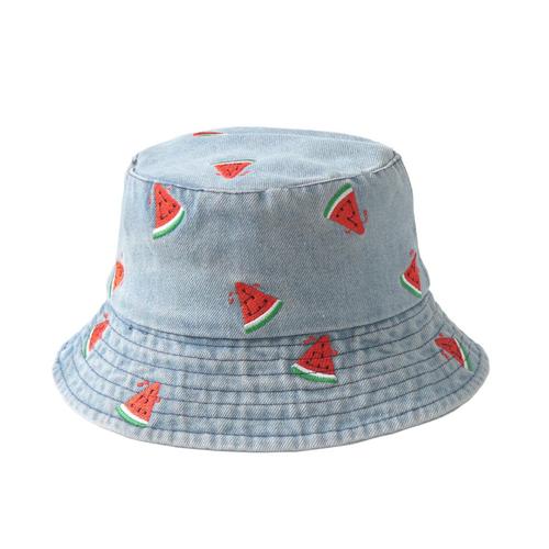 Watermelon Embroidered Denim Fisherman Hat for Men Wide Brim Sunshade Fashion Versatile Face-Smaller Fisherman Hat for Women Sun Protection Hat