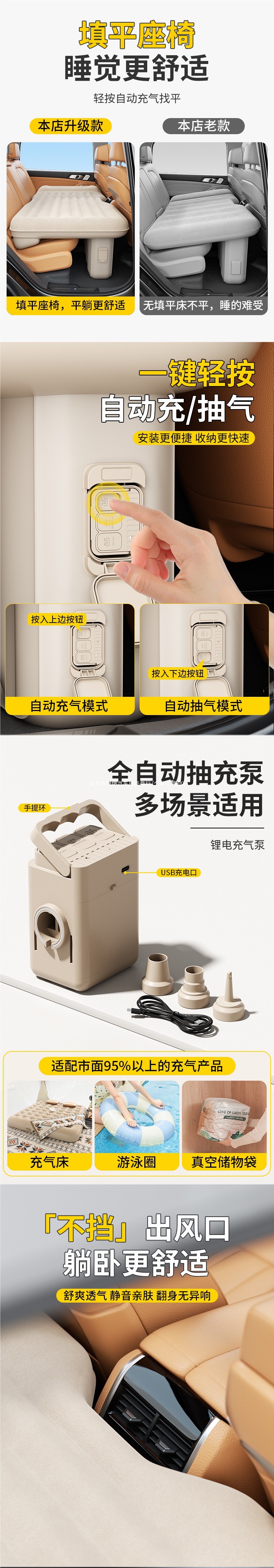 Self-inflating car mattress, suitable for the back seat of a car, for sleeping in the car, filling the space in the back seat