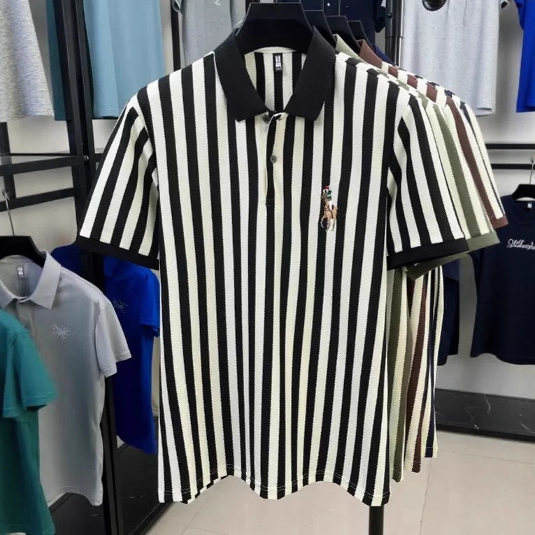Short-Sleeved Men's Vertical Stripesd Polo Shirt Cross-Border Wholesale Summer Accessible Luxury Casual Embroidered Half-Sleeved T-Shirt Pony Lapel
