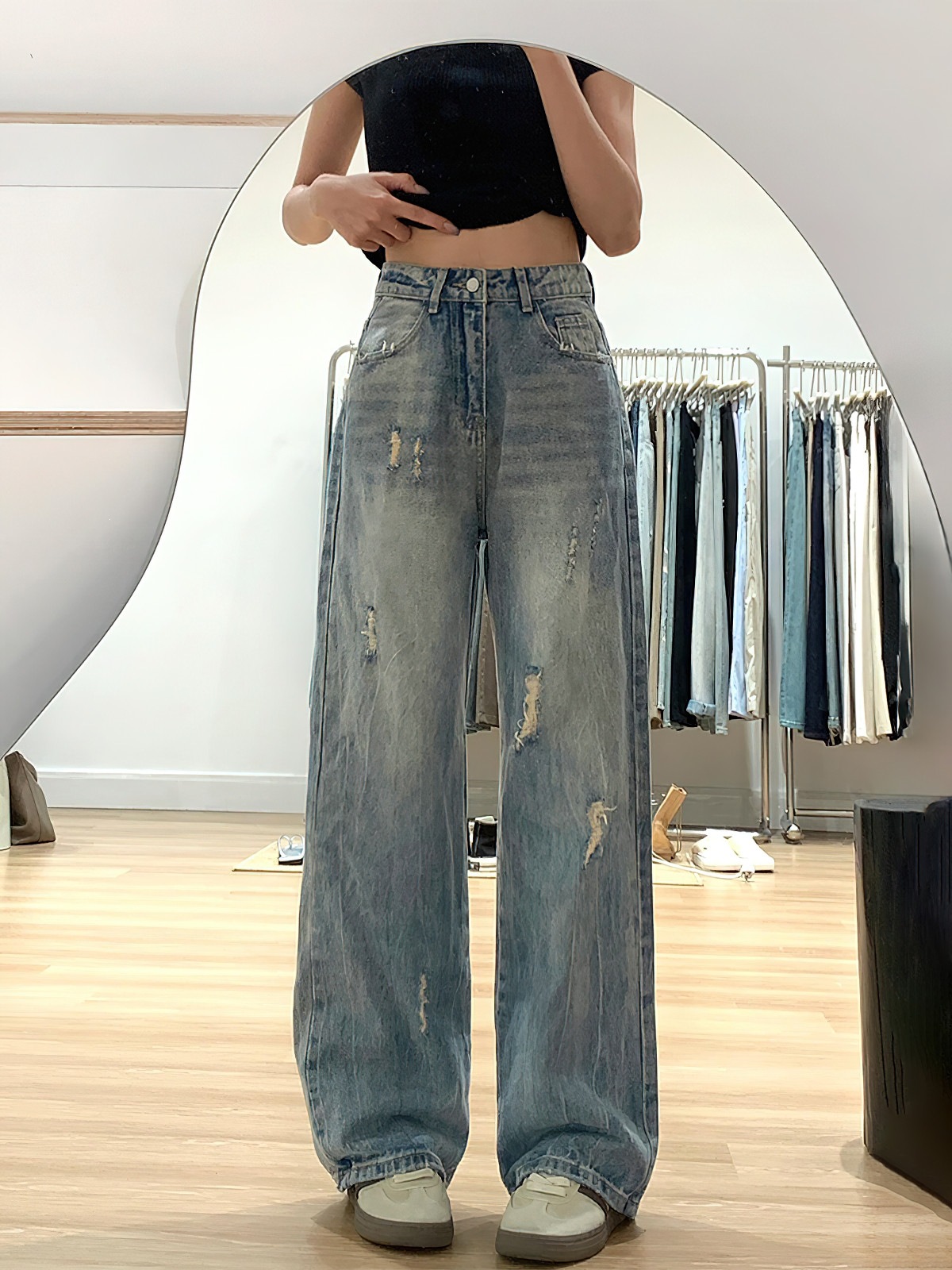 Retro blue ripped jeans for women, new autumn collection, high-waisted, loose fit, slimming effect, wide-leg pants suitable for pear-shaped figures
