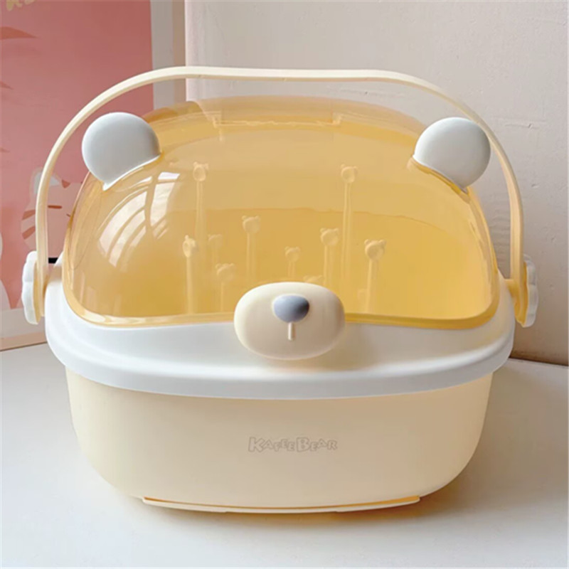 만화 캐릭터 아기 젖병 물컵 보관함, 건조 및 물기 제거용 뚜껑이 있는 수납랙, 방진 및 방충 기능이 있는 대용량 보온통