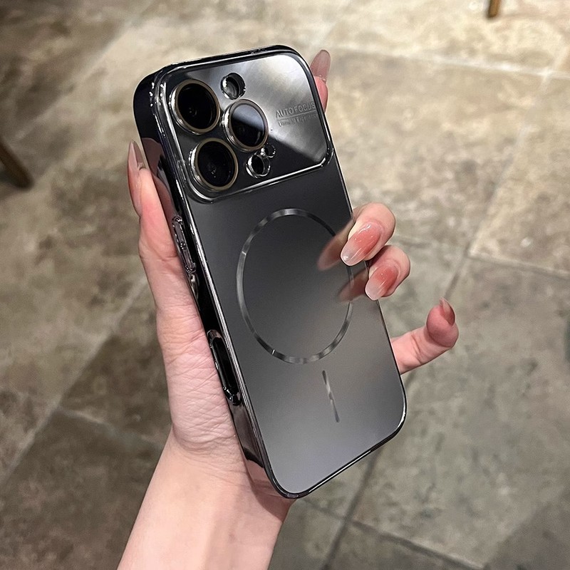 iPhone16promaxつや消しAG保護カバーに適した電気メッキオリジナルカラービッグウィンドウ細いサークル磁気携帯電話ケース|undefined
