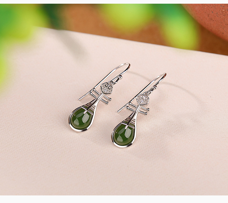 Khuyên tai bạc S925 mạ vàng đính ngọc bích hình hươu phong cách dân tộc — Kiểu màu bạc chi tiết 4
