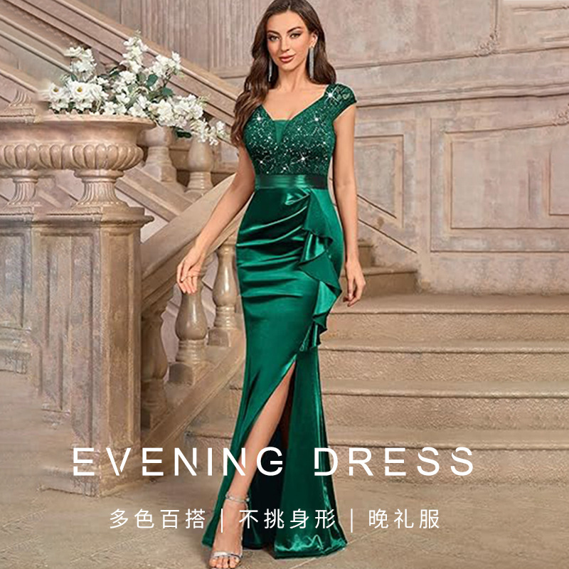 Amazon Cross-Border Women's Sexy Lace Off-Shoulder Evening Dress Wedding Party European and American Long Dress Bride Toast Dress