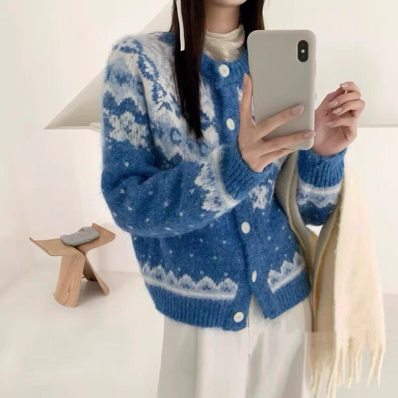 北欧复古费尔岛提花针织开衫女秋冬新款甜美宽松慵懒风毛衣外套厚|undefined