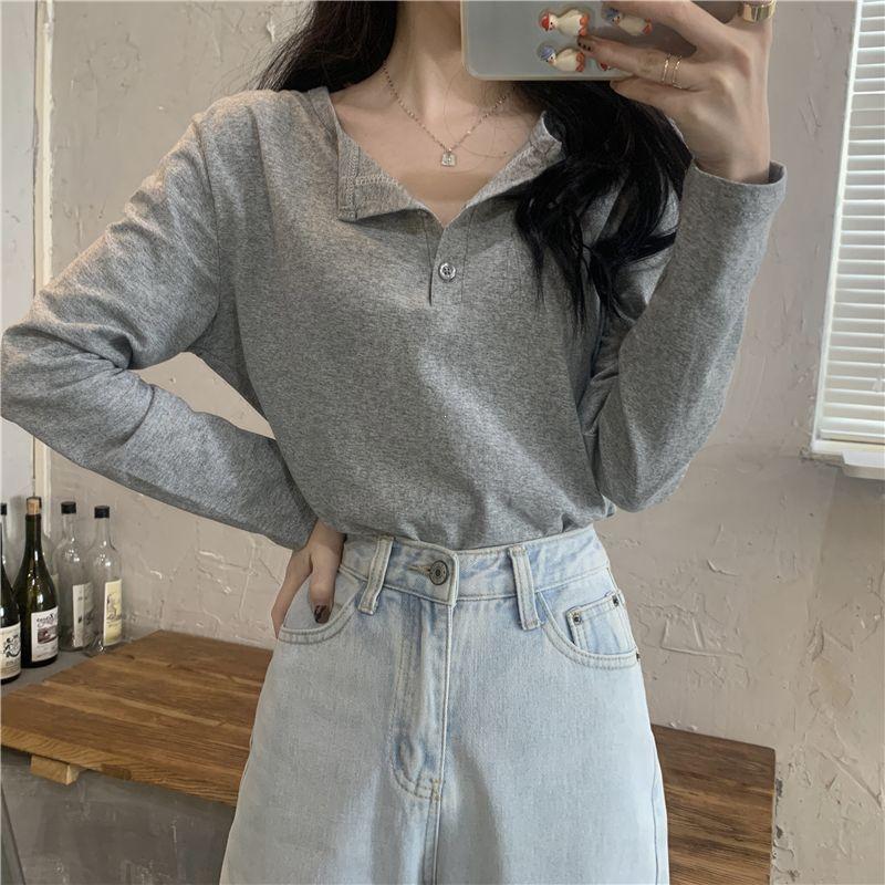 Casual gray long-sleeve T-shirt for women, autumn and winter 2022 new Korean style, stylish and versatile, slimming base shirt, fitted top Casual gray long-sleeve T-shirt for women, autumn and winter 2022 new Korean style, stylish and versatile, slimming base shirt, fitted top