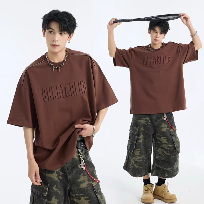 サマースチールスタンプ半袖Tシャツメンズトレンドブランドハイストリートアメリカンヘビーウェイト320g五分袖トップストレンドで万能|undefined
