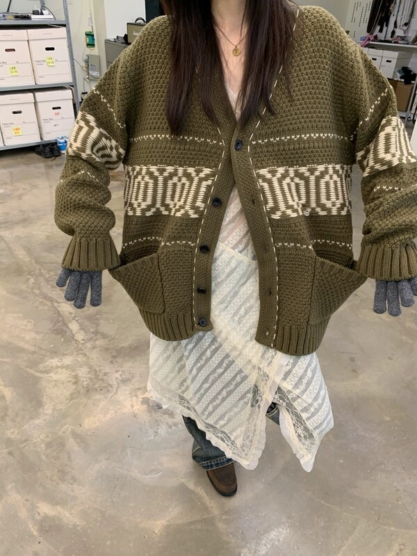 重工提花粗针针织开衫女2025秋冬新款韩系宽松慵懒风V领针织外套|undefined