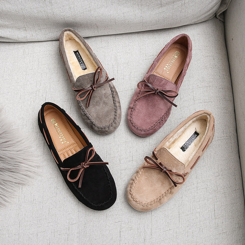 Women's Plush Cotton Autumn/Winter New Arrival Flat Color Block Butterfly Knot Pregnant Shoes for Big Footed Women Size 41-43