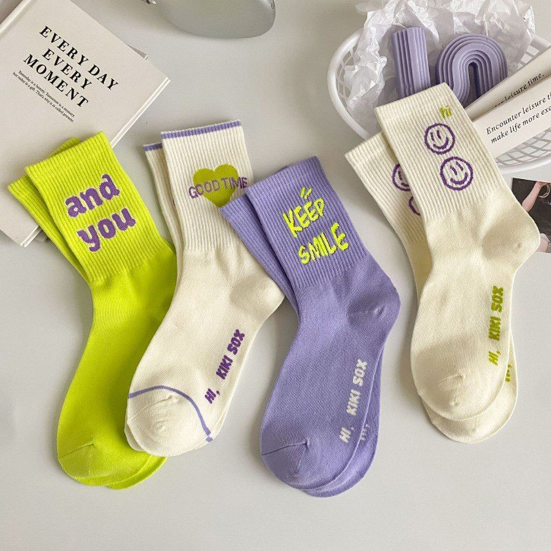 Socks Women's Mid-length Socks Fluorescent Green Letter Sports Socks Spring and Autumn Japanese Style Ins Trendy Distinctive White Winter Stockings