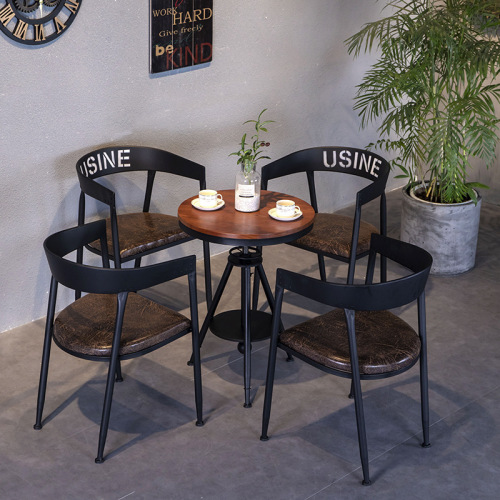 American-style solid wood dining table and chair set, restaurant & milk tea shop tables and chairs, industrial-style pub furniture, iron-framed adjustable-height dining table, small round table
