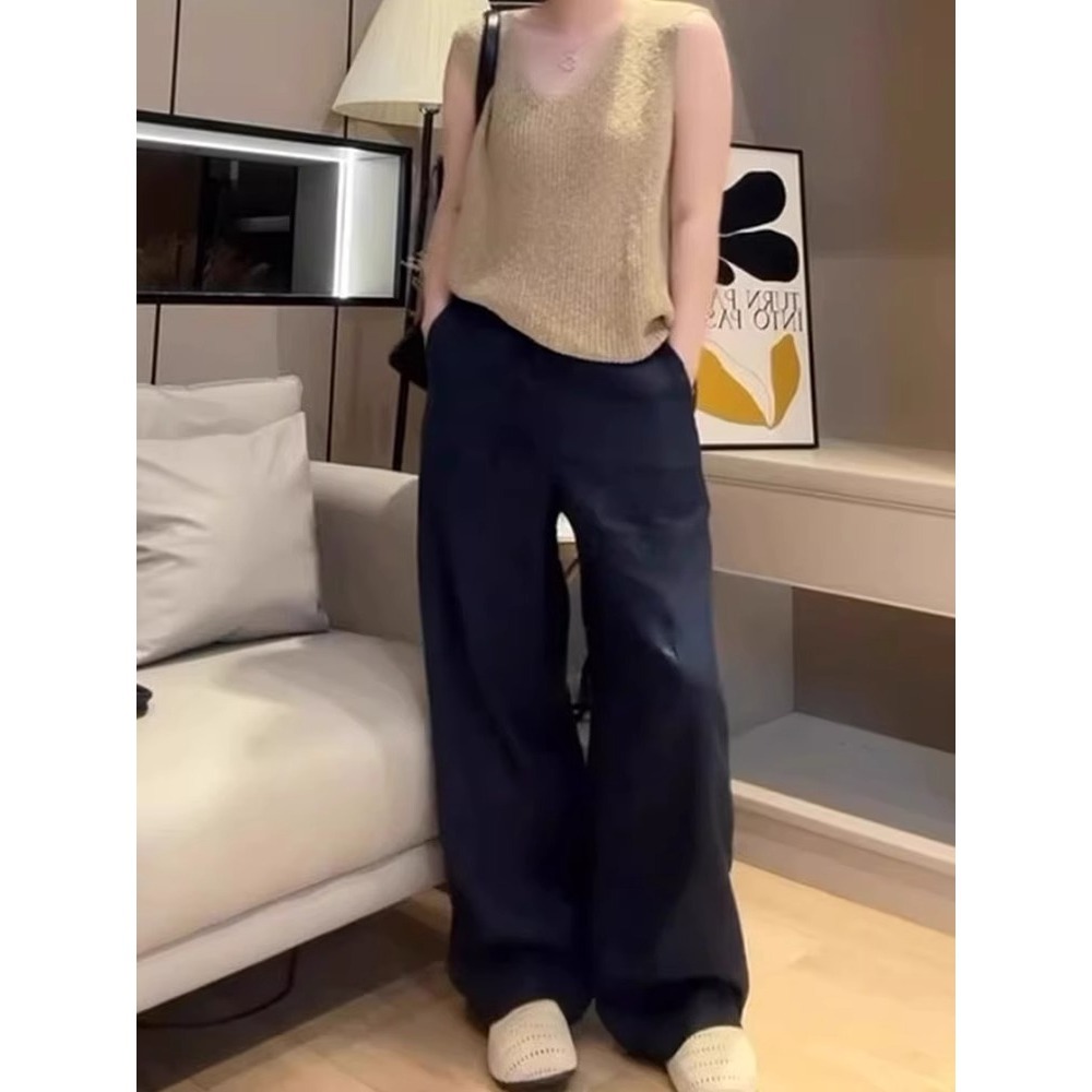 Quần ống rộng vải lanh trắng nữ dáng suông rộng rãi chất liệu lụa băng nhẹ — Màu trắng mẫu dài