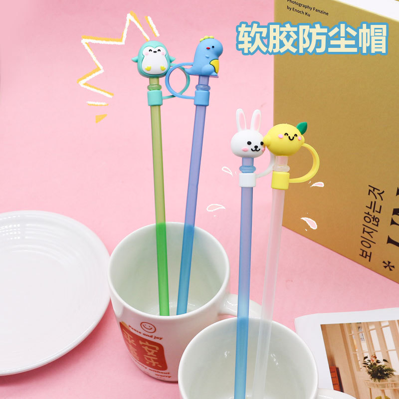Nuevos productos gorra de paja tapones de bebida gorra de polvo manga de paja de dibujos animados accesorios de paja de silicona cubierta de polvo personalizada
