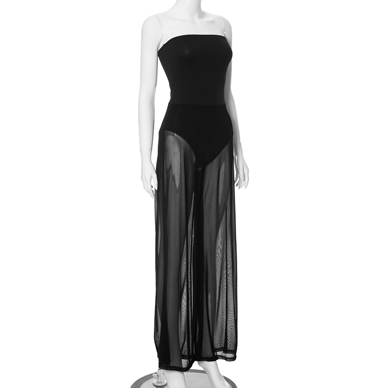 Women Clothing Autumn Winter Sleeveless Slim Fitting Patchwork See through Jumpsuit