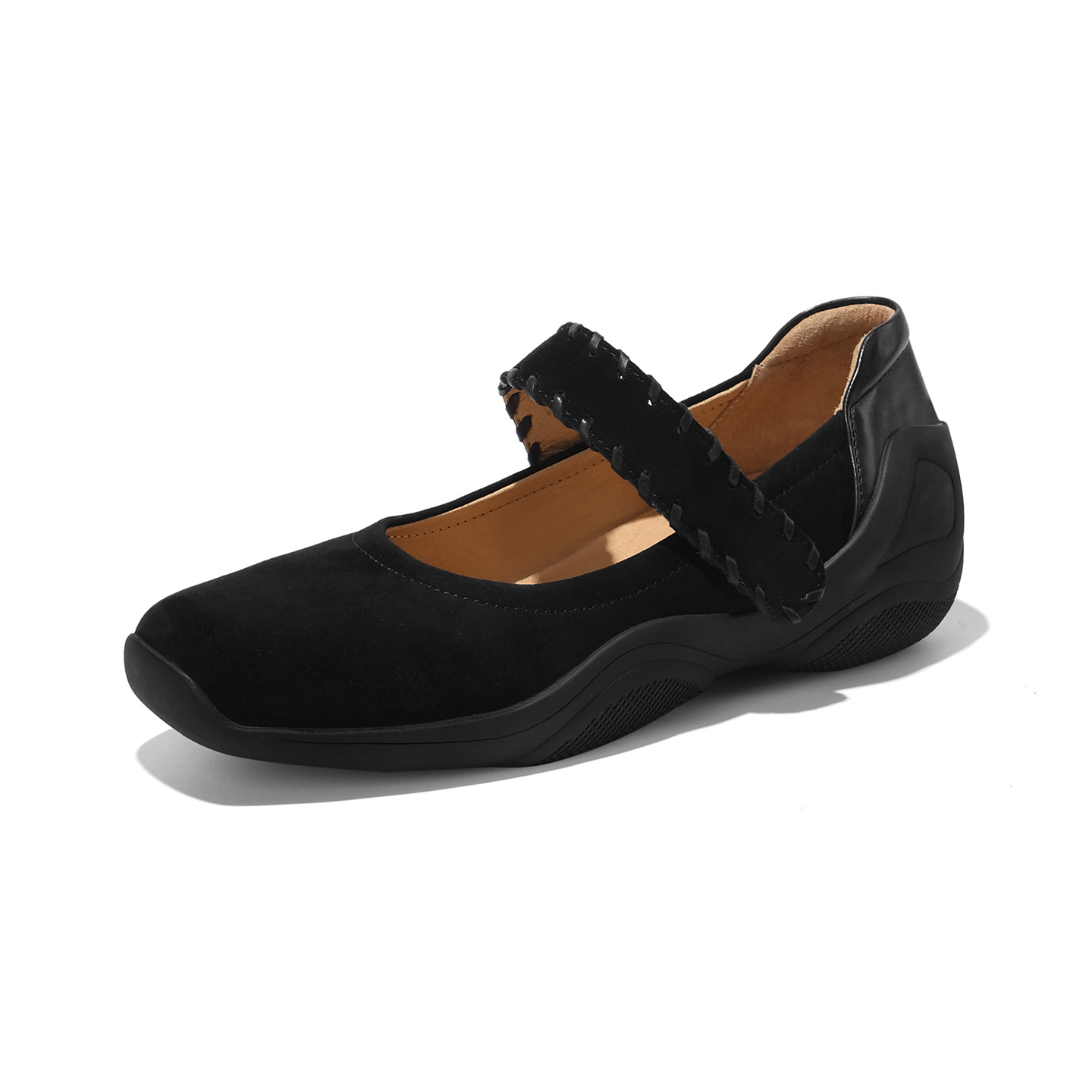 Giày Mary Jane nữ quai ngang khóa T, gót thấp 4 cm, da cừu mềm — đen