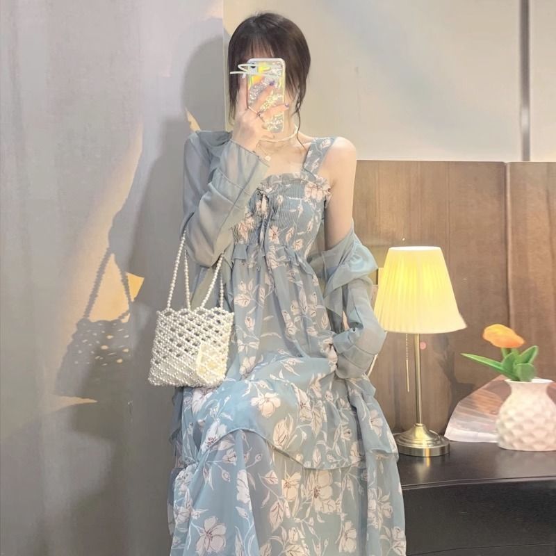 Tea Break French First Love Long Skirt Gentle Style Blue Chiffon Floral Suspender Dress Two-Piece Suit for Women Autumn and Winter