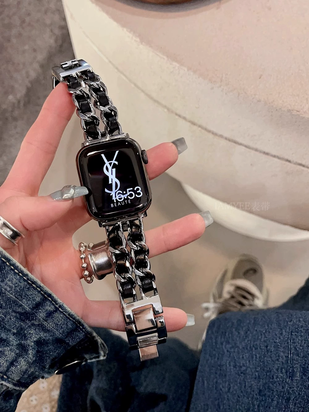 Стильный двурядный браслет из смешанной кожи с цепью для Apple Watch - универсционный металлический дизайн цепи