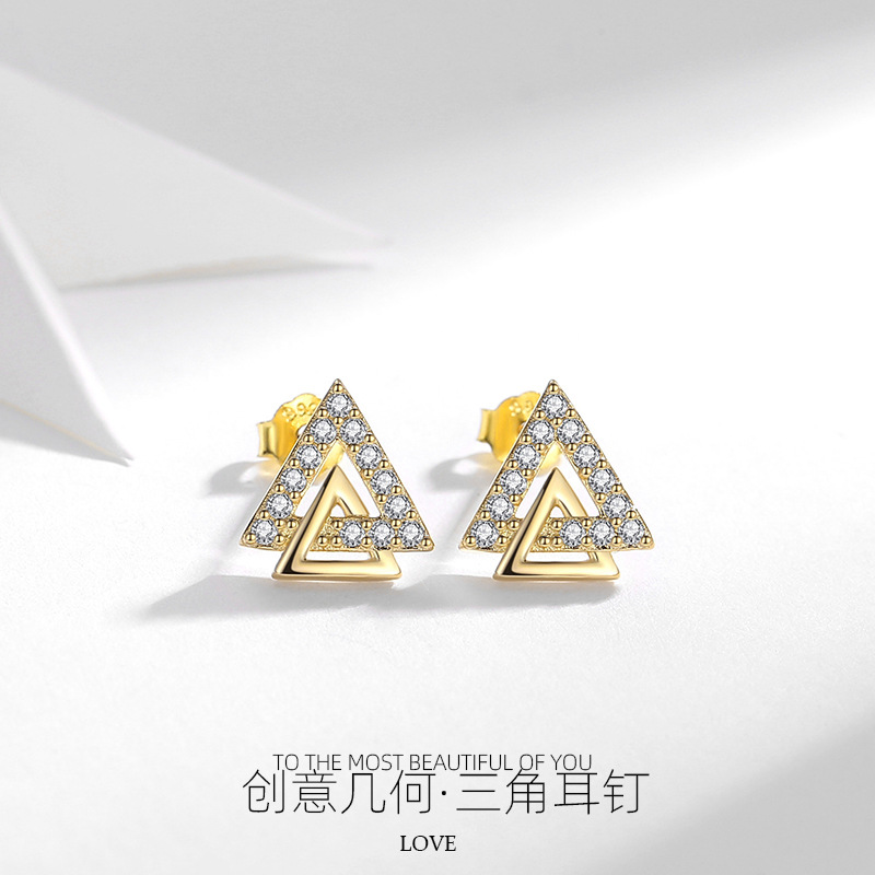 S925 triángulo de plata ZIRCON pendientes geométricos aretes aguja de plata con incrustaciones de las mujeres diseño simple sentido estilo japonés y coreano
