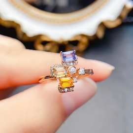跨境专供天然彩蓝宝S925戒指3*4mm珠宝首饰戒指女生配饰工厂批发
