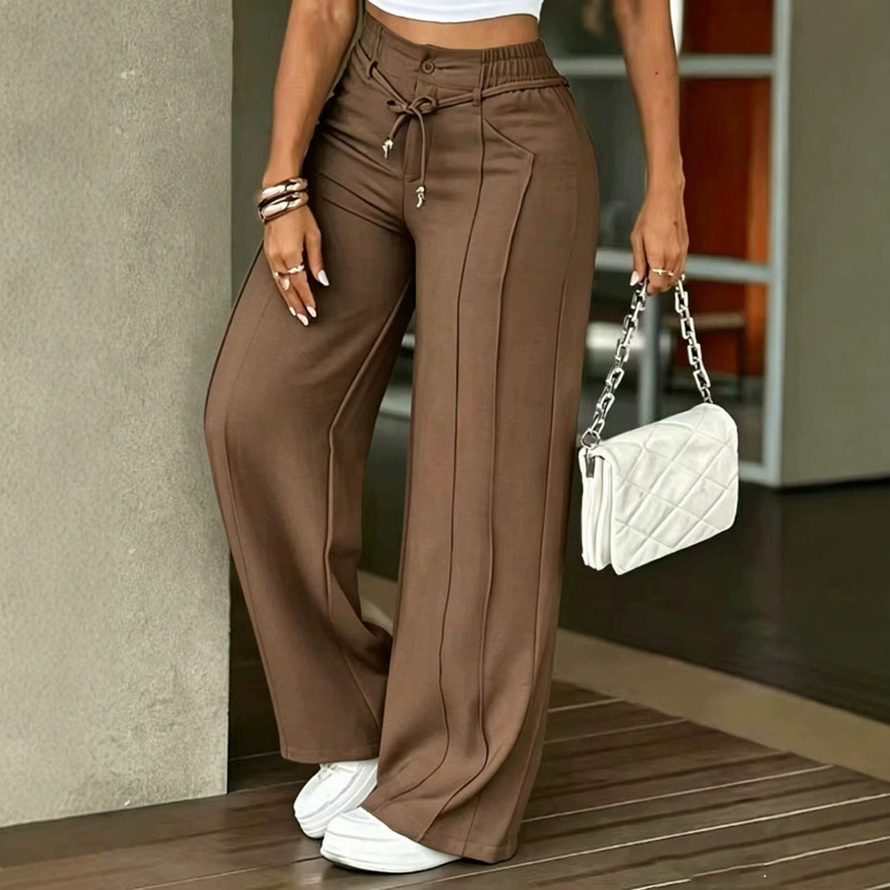 New Spring and Summer Drawstring High-Waisted Wide-Leg Pants, Straight-Leg Floor-Length Pants, Casual and Versatile