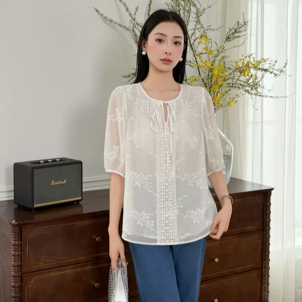 夏季新款高级感蕾丝小衫上衣雪纺衫绑带短袖