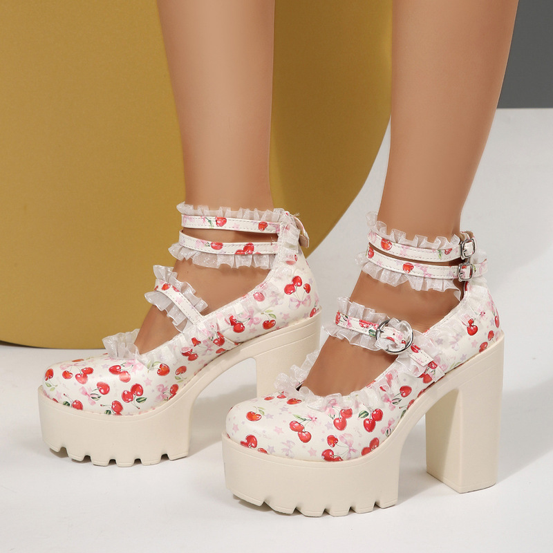 2025 New Thick High Heels Lace Waterproof Platform Buckle Mary Jane Shoes Gothic Sweet Cool Style Girls Fashion Shoes