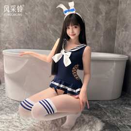 新款情趣内衣纯欲校园兔女郎制服免脱开档泳衣女绑带连体衣裙F139