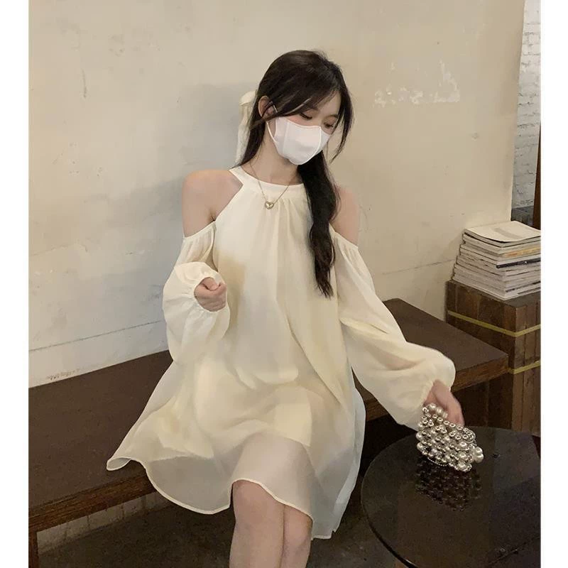 Платье в французском стиле, милый дизайн, пройма Cold-Shoulder, A-line, светлый абрикос, размеры S–2XL
