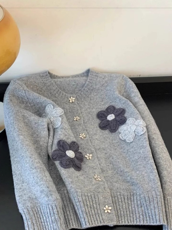 韓国風刺繍花ルーズセーターレディースジャケット2025秋冬新スタイルレイジースタイルヘビーニットカーディガントップ|undefined
