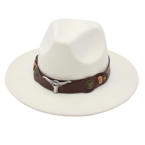 Foreign Trade Bullhead Top Hat Belt Buckle Jazz Hat for Men & Women Felt Hat Leather Riding Hat Western Wool Hat Ethnic Style